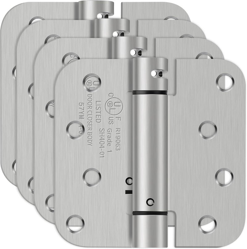 IOQ 4 Inch Self Closing Door Hinges, 5/8" Radius Corners Spring Loaded Hinges for Exterior, Garage, Front and Back Door, UL Listed, for Left and Right Hand Door, Brushed Nickel, 4 Pack - Image 1